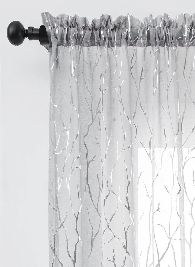 FINECITY Tree Branch Silver Sheer Curtains for Living Room - Metallic Silver Tree Pattern Grey Curtains 84 Inch Length for Bedroom Rod Pocket Sheer Tree Curtains, 52 x 84 Inch, 2 Panels, Grey - Image 1